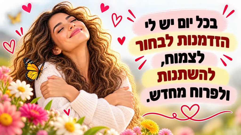 בכל יום יש לי הזדמנות לבחור לצמוח, להשתנות ולפרוח מחדש – אישה מחבקת את עצמה בחיוך בין פרחים ופרפר