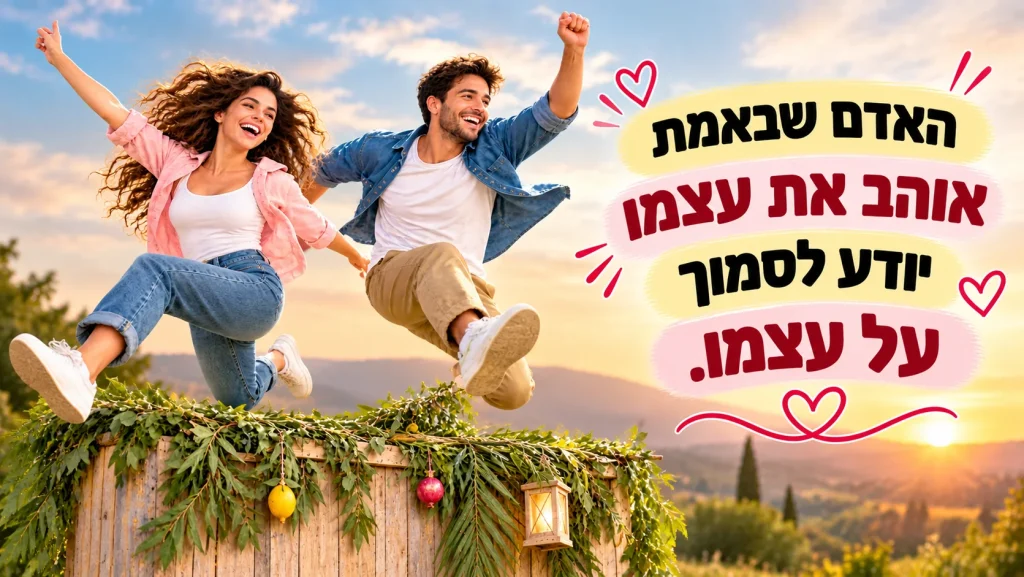 האדם שבאמת אוהב את עצמו יודע לסמוך על עצמו – זוג קופץ בשמחה מתיבת עץ מול השקיעה
