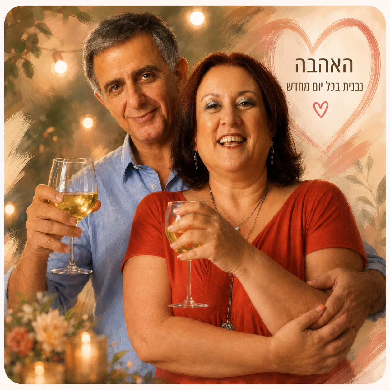 זוג מחויך ברגע של קרבה וחיבור